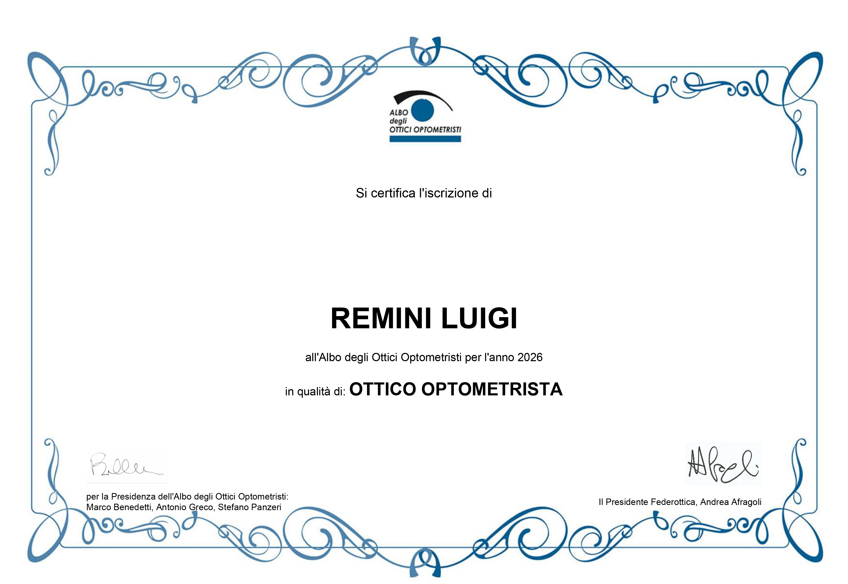 Iscrizione all'Albo degli Ottici Optometristi – Remini Luigi 2026